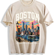 Boston Massachusetts Vintage Washed T-Shirt in Beige