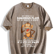 Humorous Monkey My Mind Is a Dangerous Place Slogan Party vintage washed oversized T-shirt in Brown