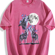 Three Wolf Retro Wolves Howling Moon Vintage Washed T-Shirt in Red
