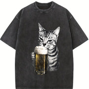Cat Beer Y2k 90s Cats Meme ® Vintage Washed T-Shirt in Black