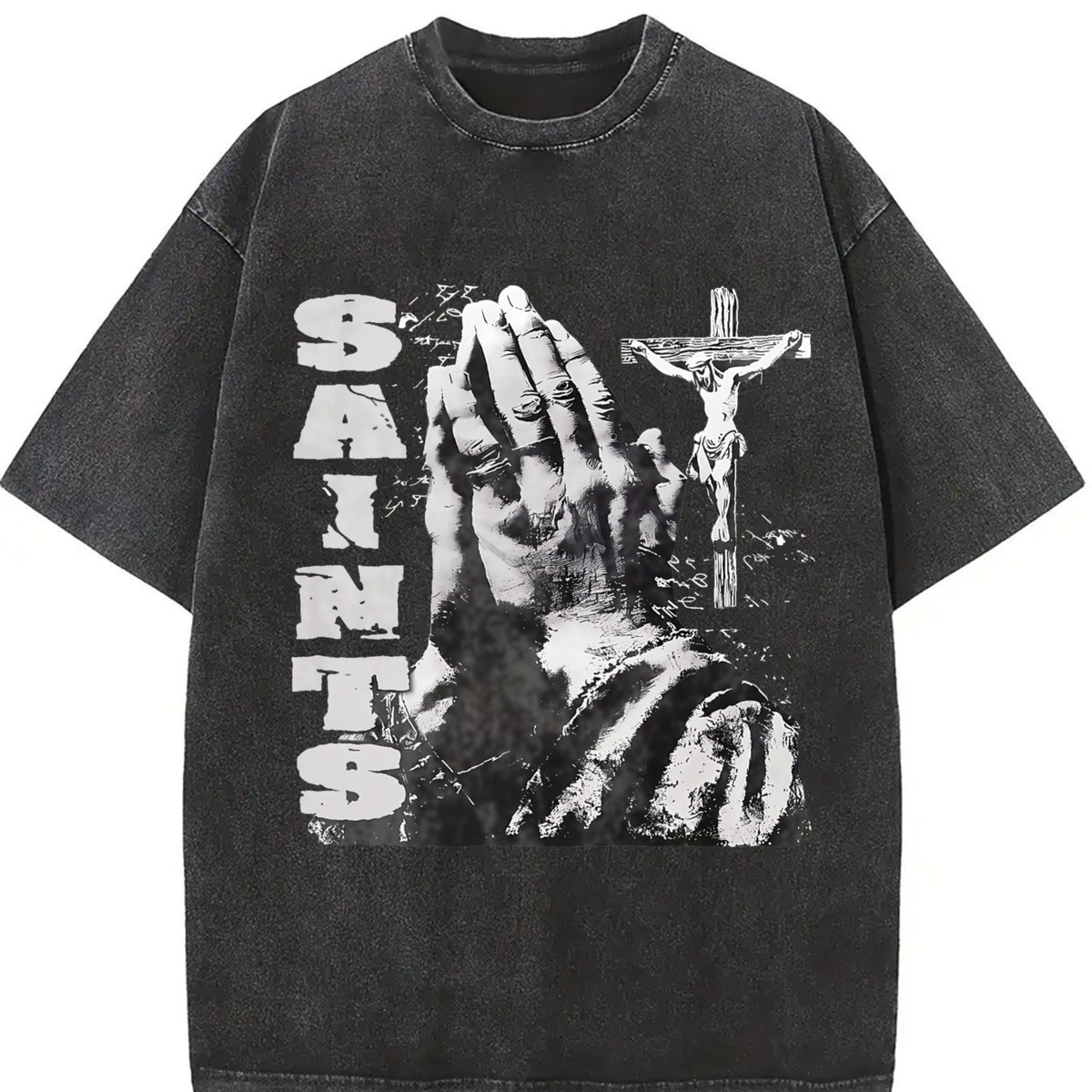 Saints Praying Hands Tank Vintage Washed T-Shirt in Black
