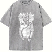 Sad Meme Cat Animal Vintage Washed T-Shirt in Gray