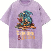 Blue Dragon Buried in Books Letter Vintage Washed T-Shirt in Purple