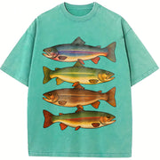Trout fishing enthusiast fish lover and Batik vintage washed oversized T-shirt in Blue