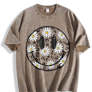 Daisy Floral Happy Face Vintage Washed T-Shirt in Brown