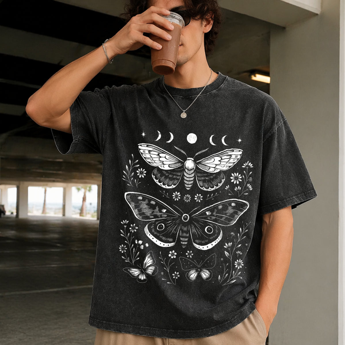 Moth Moon Retro Gothic Nature Vintage Washed T-Shirt in Black