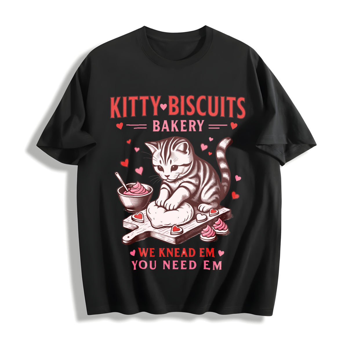 Valentines Cat Kitty Biscuits Bakery Vday Cat Lover Cotton T-Shirt in Black