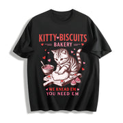 Valentines Cat Kitty Biscuits Bakery Vday Cat Lover Cotton T-Shirt in Black