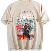 Loud Win 90s Retro Gothic Feminist Warrior Dark Fantasy Vintage Washed T-Shirt in Beige