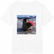 Baby Penguin Holding Flowers Cotton T-Shirt in White