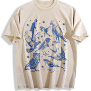 Bird Tattoo 90s Retro Owl Parrot Sparrow Swallow Vintage Washed T-Shirt in Beige