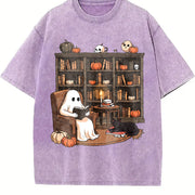 Retro Ghost Reading Books Vintage Washed T-Shirt in Purple