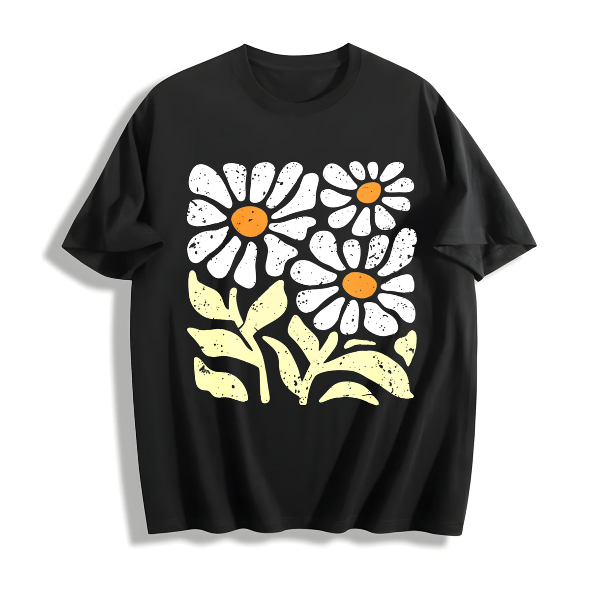 Wash Floral Cotton T-Shirt in Black