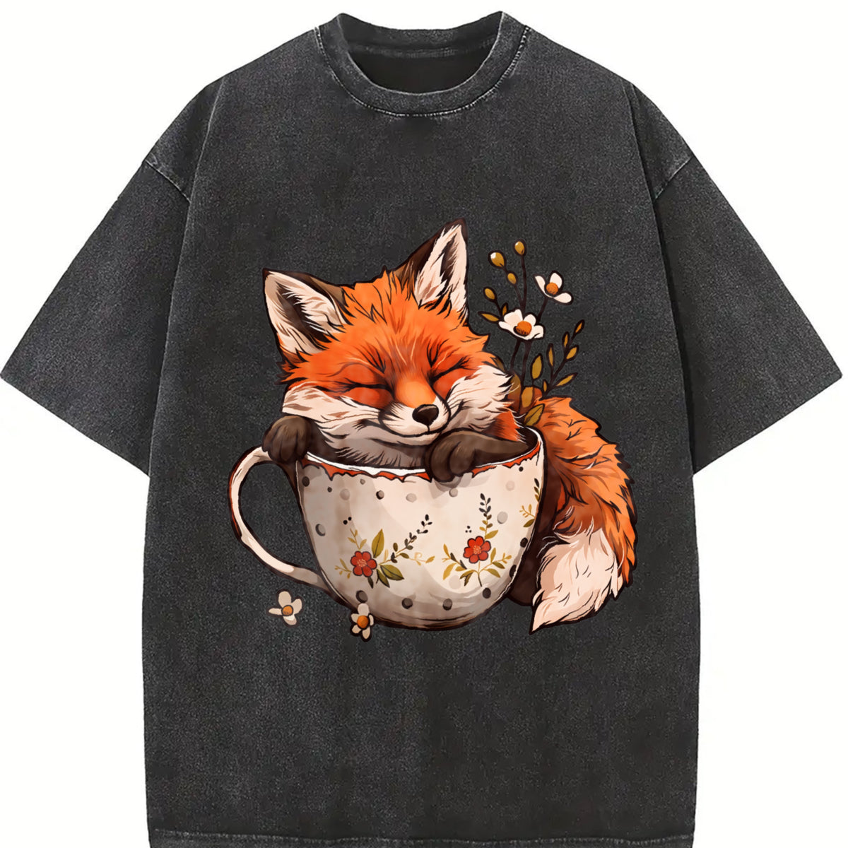 Winter: Little Fox Curled Up in a Floral Teacup Vintage Washed T-Shirt in Black