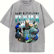 Peacock Retro Bird Lover Vintage Washed T-Shirt in Gray