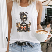 Skeleton Woman Drinking Women's Color Cotton Tank Top in White