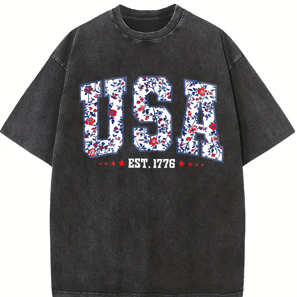 Floral USA America Vintage Washed T-Shirt in Black