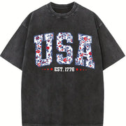 Floral USA America Vintage Washed T-Shirt in Black