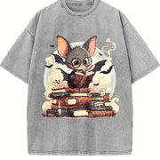 A Playful of a Bespectacled Bat Reading a Magic Book Vintage Washed T-Shirt in Gray