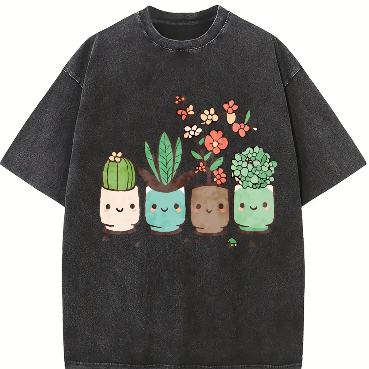 Cute Cartoon Potted Plant Vintage Washed T-Shirt in Black