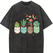 Cute Cartoon Potted Plant Vintage Washed T-Shirt in Black