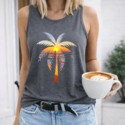 Sunset Palm Tree Women's Color Cotton Tank Top in Gray