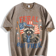 Retro Feral but Free Raccoon 4th of July 90s Vintage Washed T-Shirt in Brown