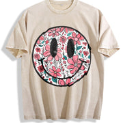 Floral Happy Face Mother's Day for Mom Cute vintage washed oversized T-shirt in Beige