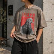 Anguish Bird Retro Vintage Washed T-Shirt in Brown
