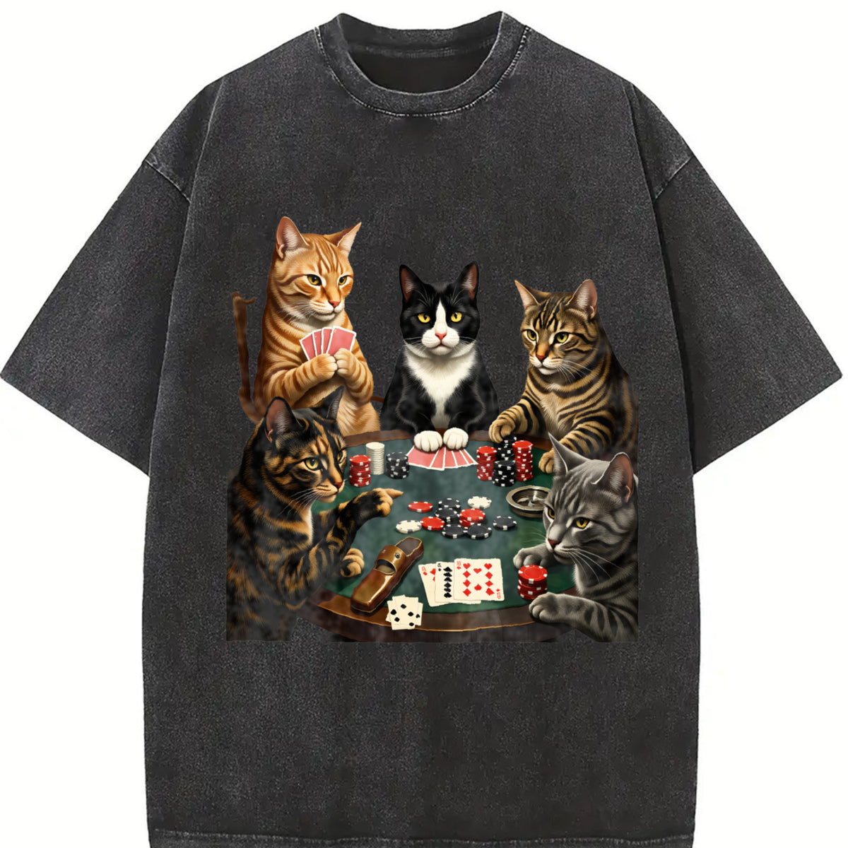 Cats Playing Poker Vintage Washed T-Shirt in Black