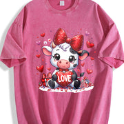 Valentine's Day Winter Cow Wearing Diamond Bow LOVE Vintage Washed T-Shirt in Red