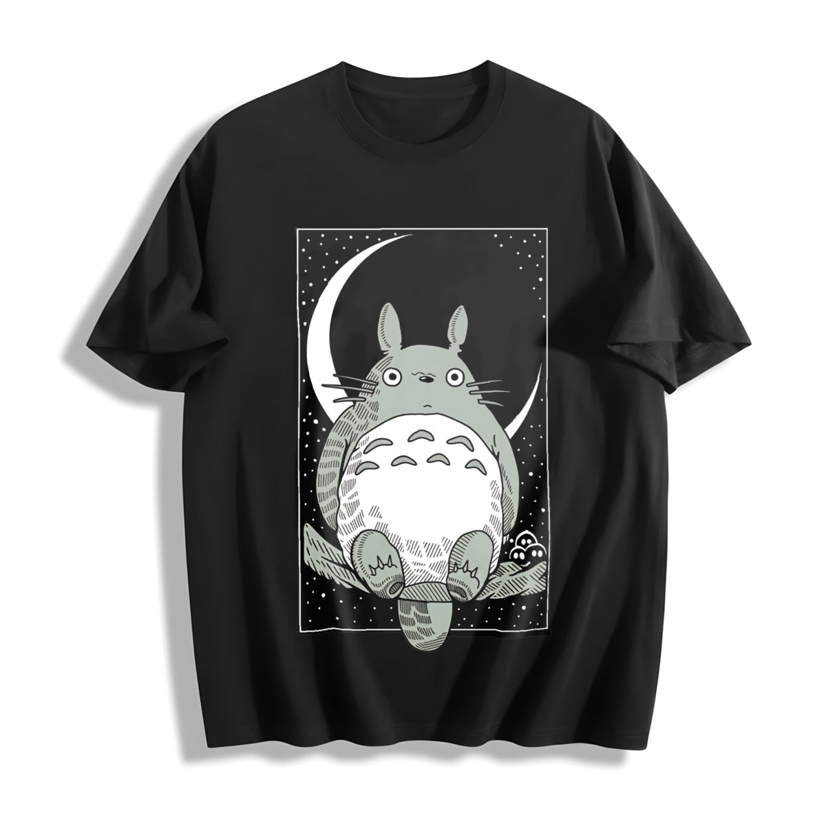 Forest Spirit Adventure Anime Cotton T-Shirt in Black