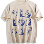 Retro Cats Tattoo 90s Vintage Washed T-Shirt in Beige