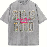 God Is Good All The Time Retro Distressed Camo Christian vintage washed oversized T-shirt in Gray