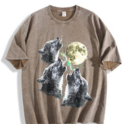 Baby Wolf Howling to Moon 90s Vintage Washed T-Shirt in Brown