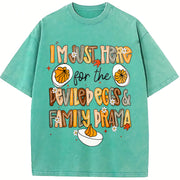 Preppy I'm Just Here for the Deviled Eggs & Family Drama Vintage Washed T-Shirt in Blue