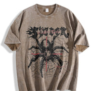 2 Piece Gothic Spider Cross Sleeveless Tank & Shorts Set Vintage Washed T-Shirt in Brown