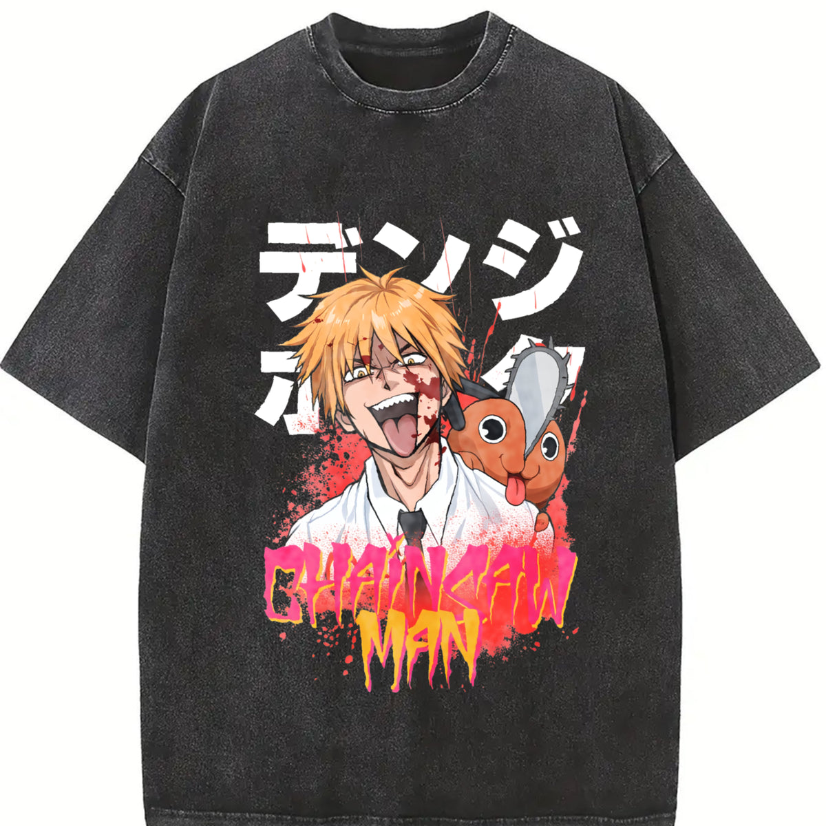 Aki Metal Chainsaw Man Vintage2 O-neck Denji Makima Aki vintage washed oversized T-shirt in Black