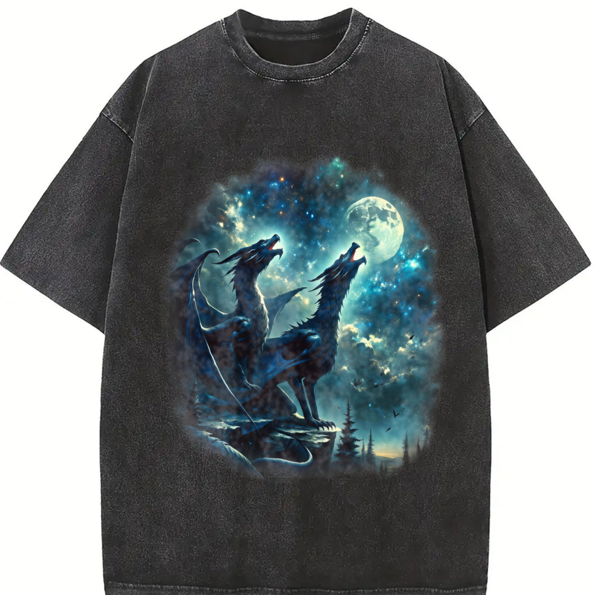 Two Dragon Retro Dragon Fantasy Moon Vintage Washed T-Shirt in Black