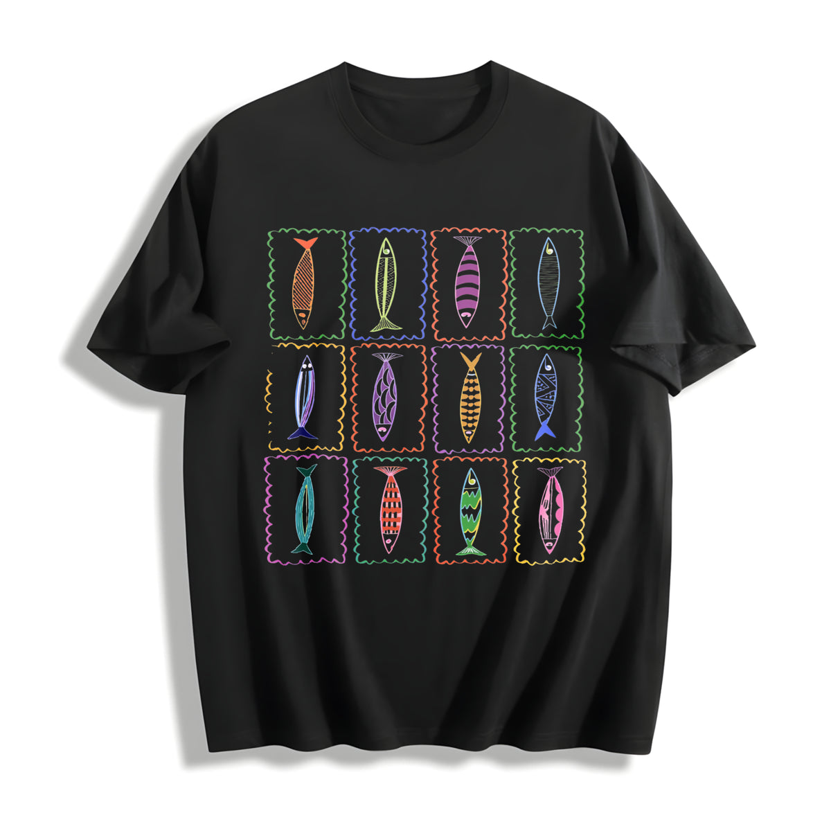 Sardines Tin Fish 90s Tomato Girl Ocean Coastal Grandma Cotton T-Shirt in Black