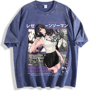 Japanese Reze Chainsaw Man Anime Beach vintage washed oversized T-shirt in Blue