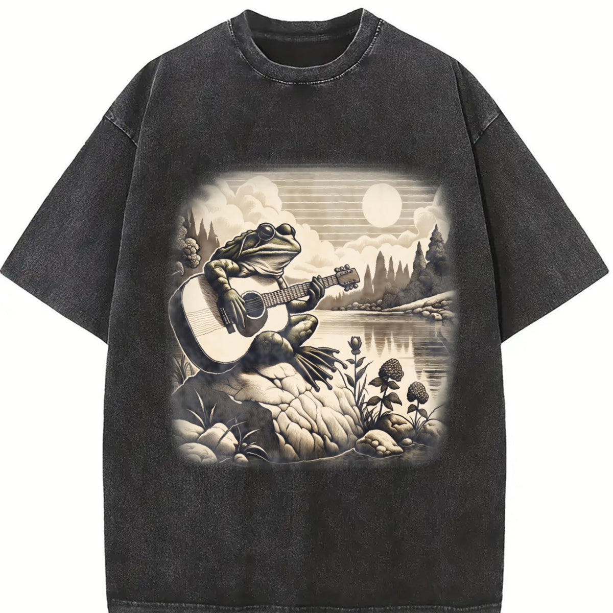 Frog Playing Guitar 90s Vintage Washed T-Shirt in Black