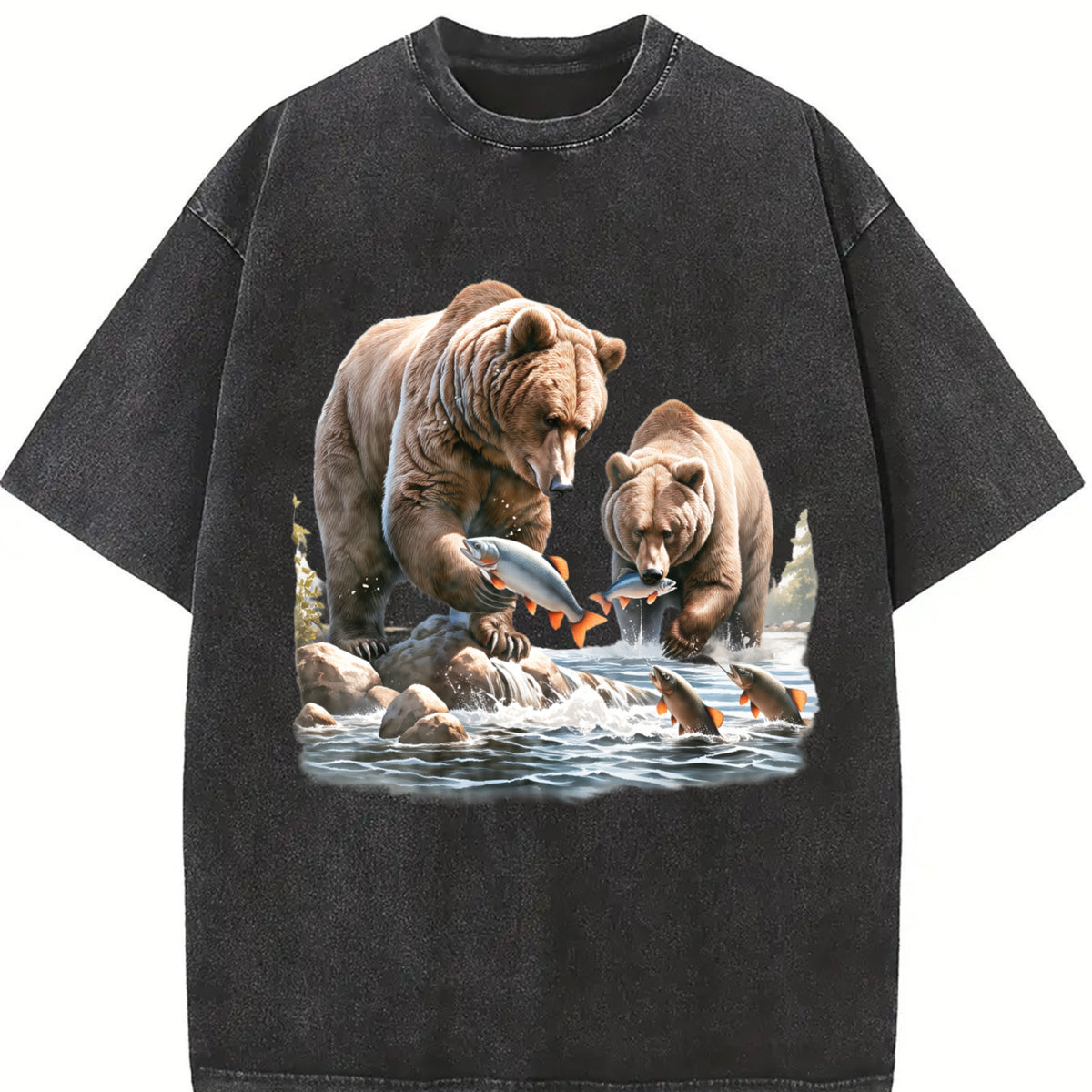 Bears 90s Retro Bear Fishing Wildlife Vintage Washed T-Shirt in Black
