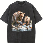 Bears 90s Retro Bear Fishing Wildlife Vintage Washed T-Shirt in Black