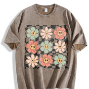 Retro Checkered Flower Vintage Washed T-Shirt in Brown