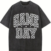 Football Checkered with Logos for Sports Parties Vintage Washed T-Shirt in Black