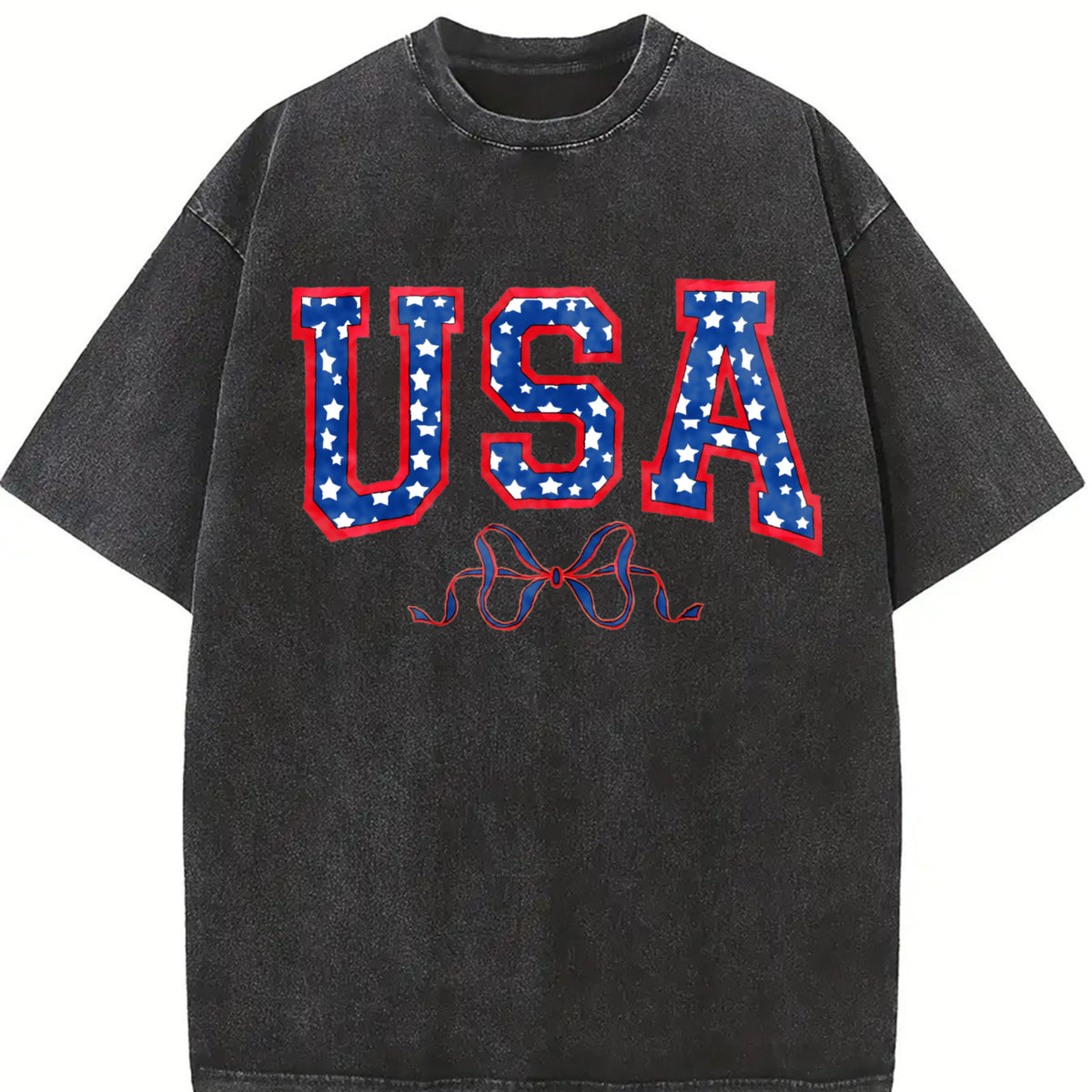 Embroidered USA Bow Coquette Vintage Washed T-Shirt in Black