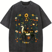Bohemian Folk Art Vibrant Deer & Floral Vintage Washed T-Shirt in Black