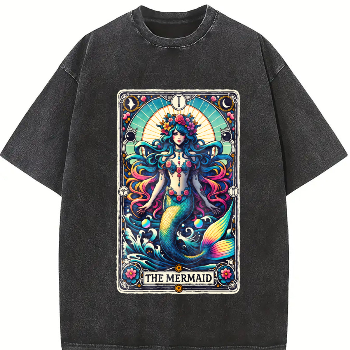 Tarot Skeleton Mermaid Tarot Card Skull Dog Mom Tarot Cat vintage washed oversized T-shirt in Black