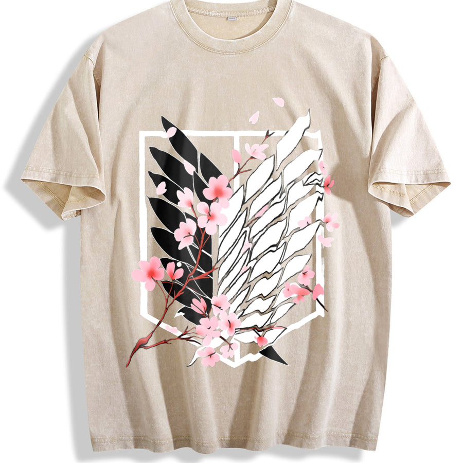 Eren AOT Wings of Freedom Anime 2025 vintage washed oversized T-shirt in Beige